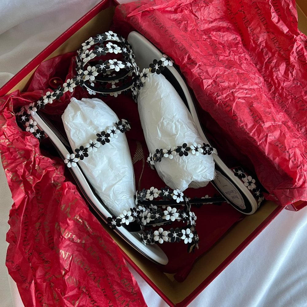 Rene Caovilla White Black Floral Strappy Flat Sandal Size EU38.5 US8.5